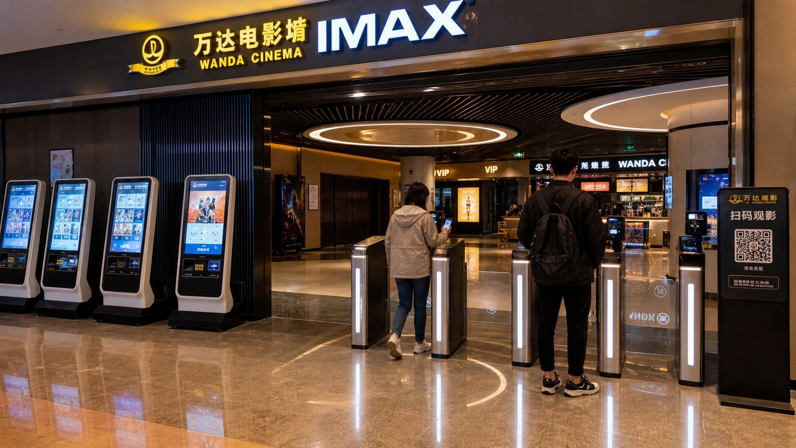 Modern Chinese cinema entrance with digital self-service kiosks and smartphone scanning