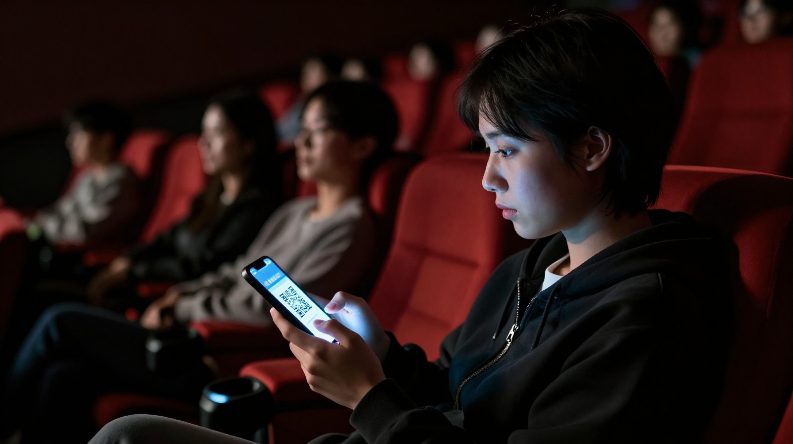 Audience member scanning digital ticket QR code on smartphone inside a Chinese cinema