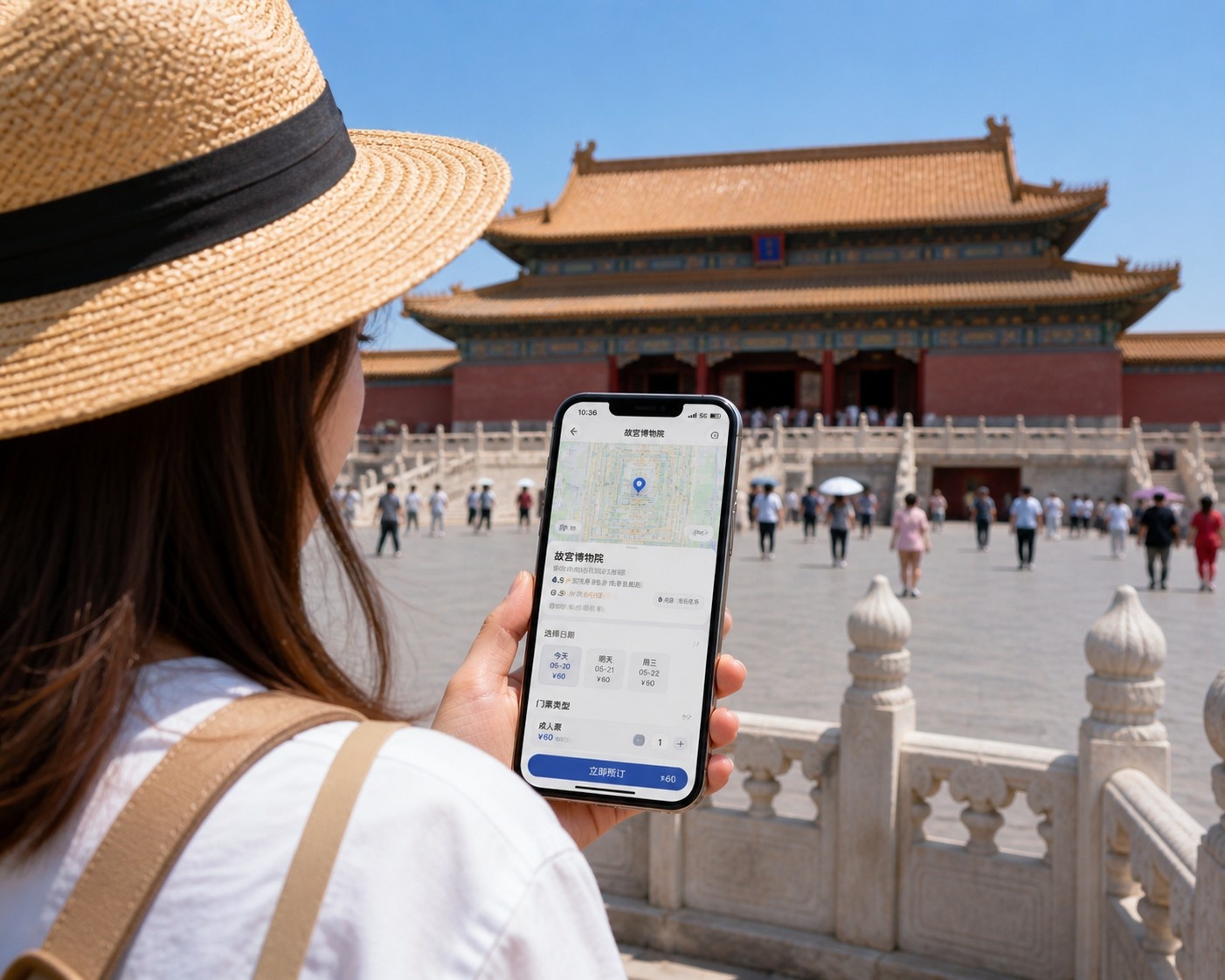 Tourist using a mobile map app to buy tickets for a popular Chinese tourist attraction