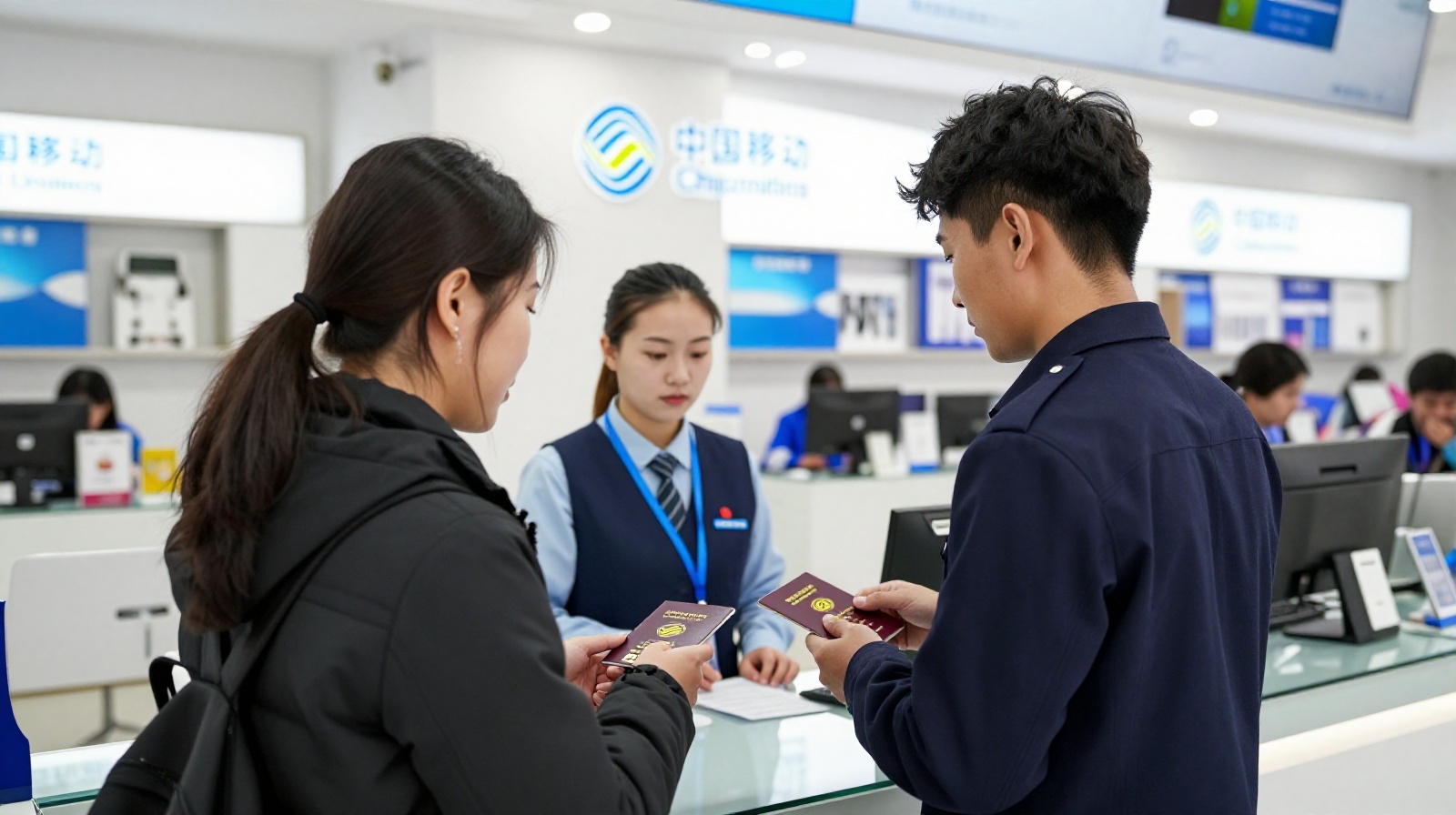 Foreigner applying for a SIM card at an official Chinese telecommunications store with passport verification.