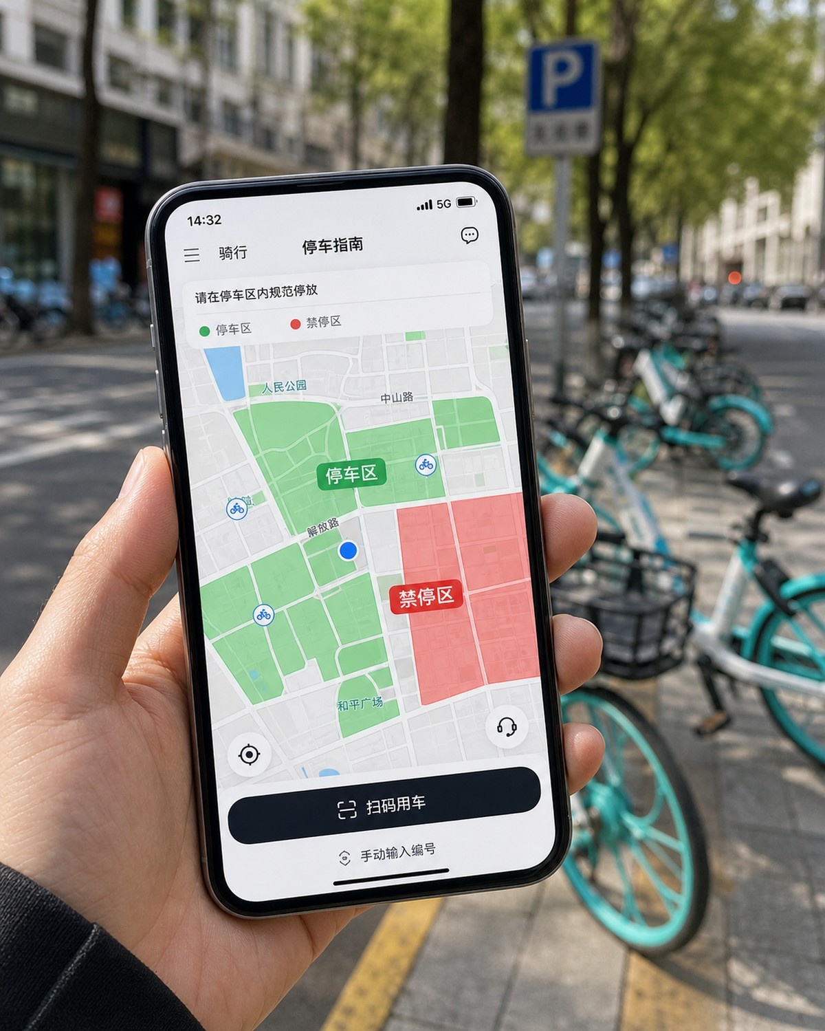 Smartphone map interface showing the electronic fence parking zones for shared e-bikes