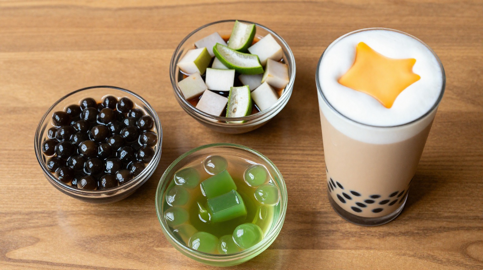 An assortment of bubble tea toppings including tapioca pearls, aloe vera, and jelly, displayed in small bowls next to a finished drink on a wooden table.