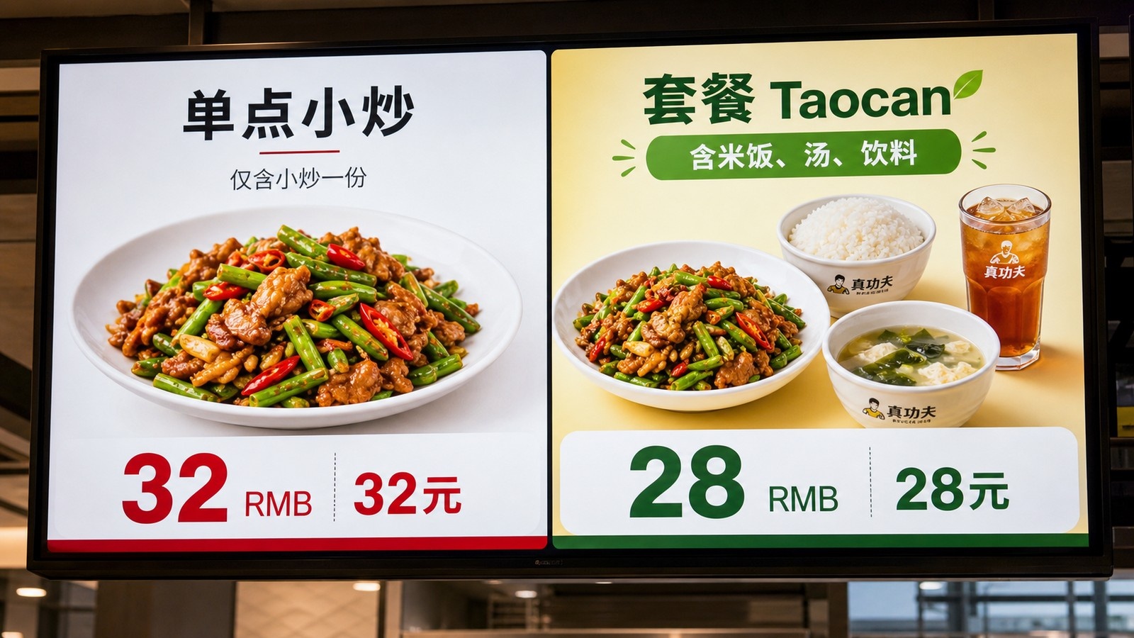 Menu display showing the price difference between a single dish and a Taocan set meal in a Chinese fast food restaurant.