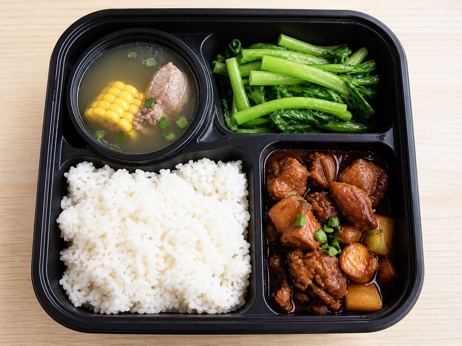 Typical components of a Chinese Taocan set meal including staple food, main dish, and sides.