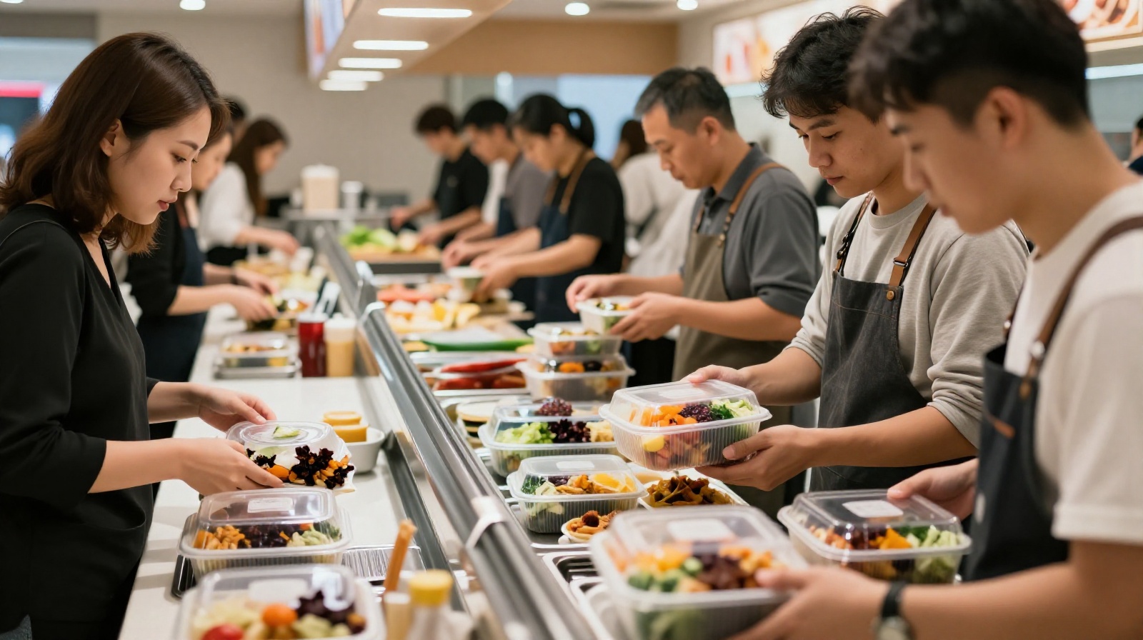 Customers collecting packaged Taocan meals from a self-service counter in China.