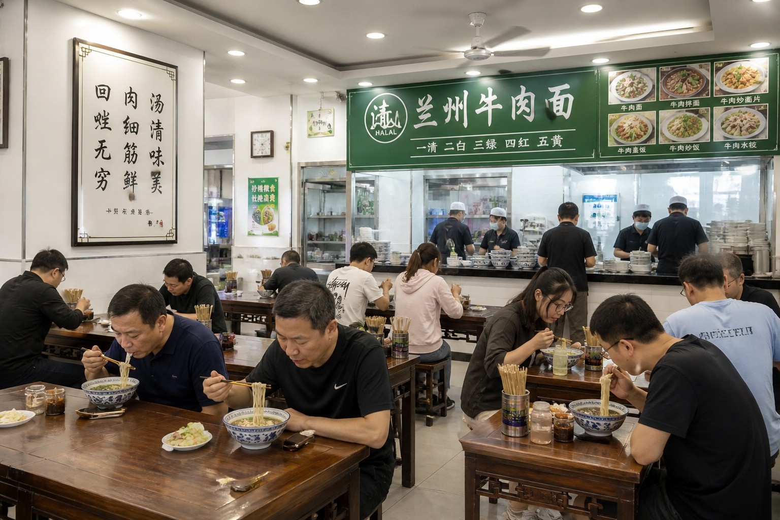 Interior of a busy and clean Qingzhen beef noodle restaurant in China with customers dining