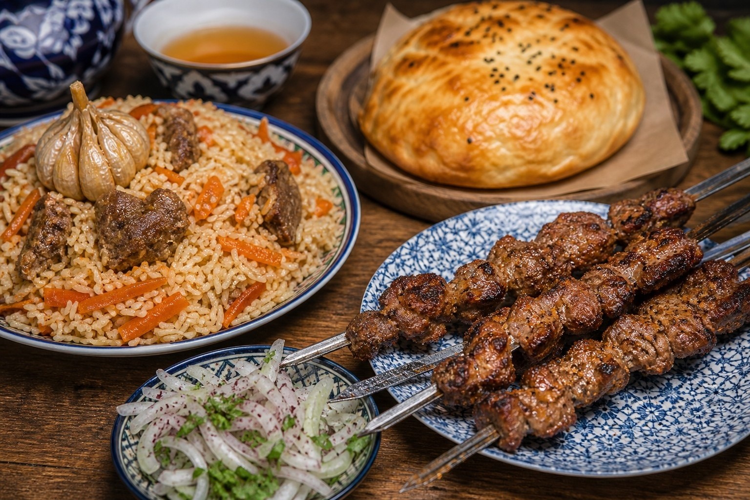 Traditional Xinjiang halal dishes including lamb kebabs, pilaf, and baked buns