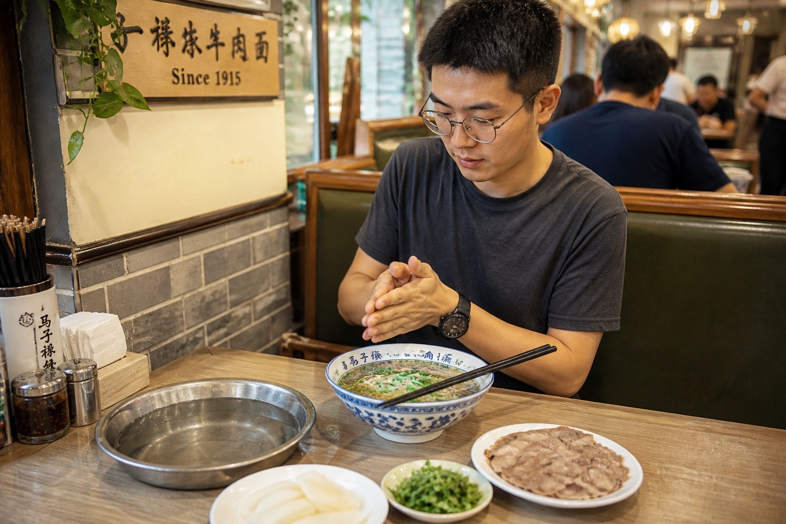 Diner preparing to wash hands before eating at a traditional Chinese halal restaurant