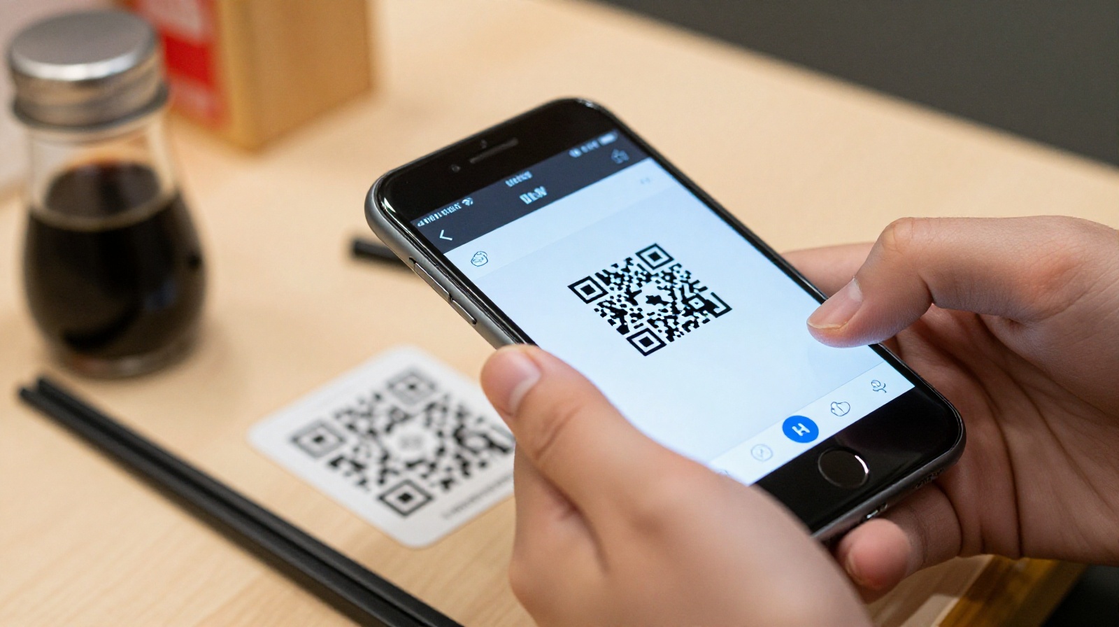 A traveler scanning a QR code for menu ordering at a local Chinese restaurant table.