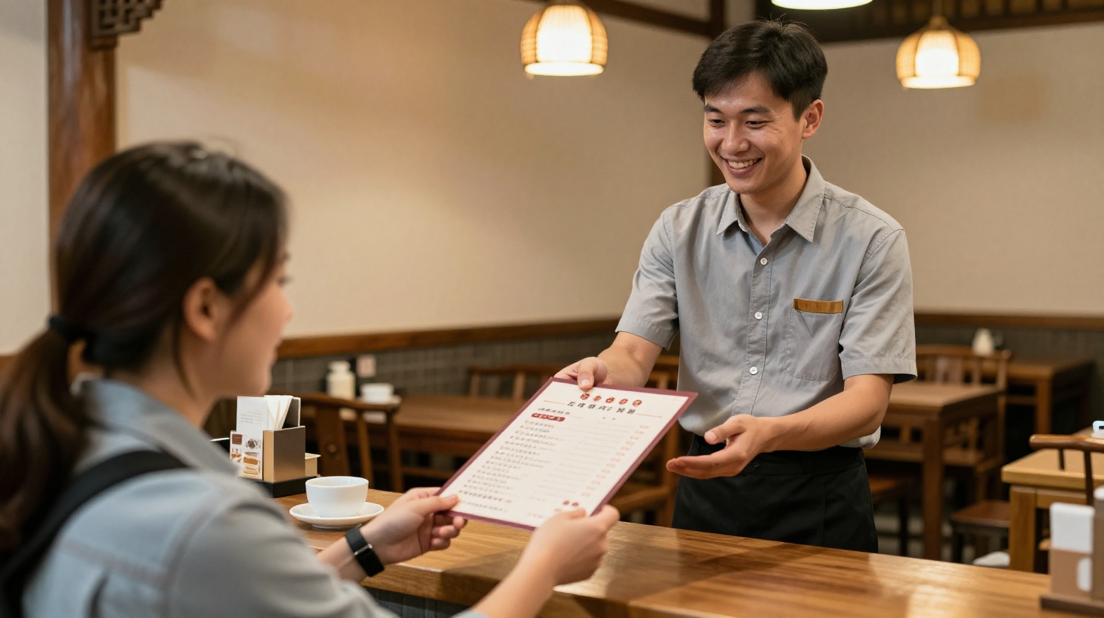 A waiter handing a paper menu to a customer who cannot use digital payment in China.