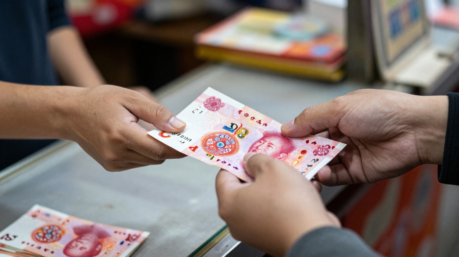Paying with cash at a local Chinese food stall as an alternative to mobile payment.