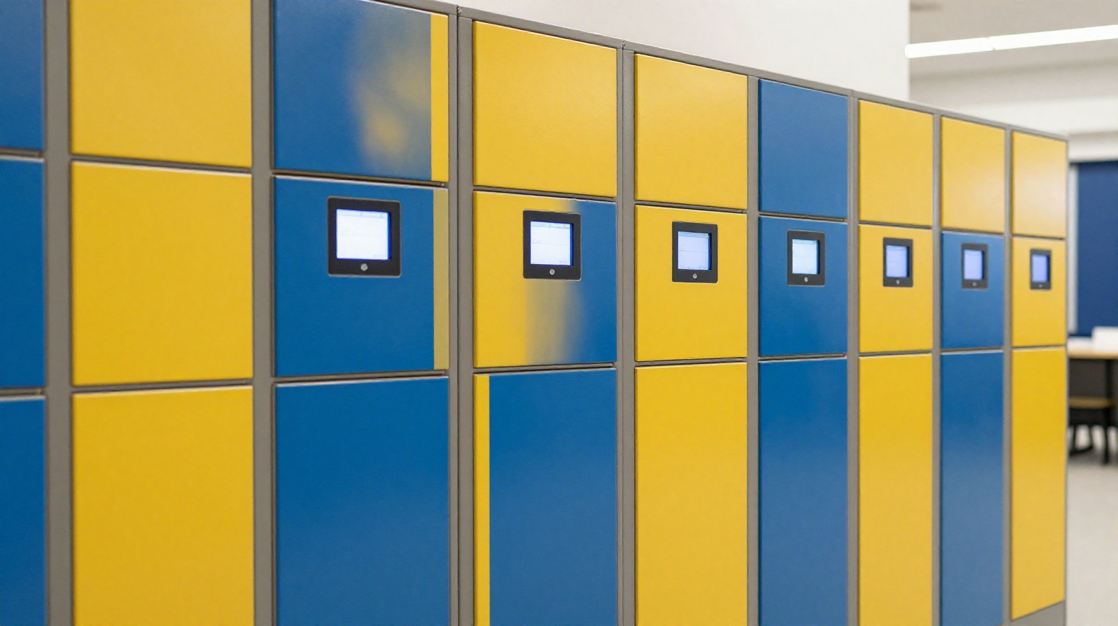 Rows of yellow and blue smart delivery lockers installed in a hotel lobby wall