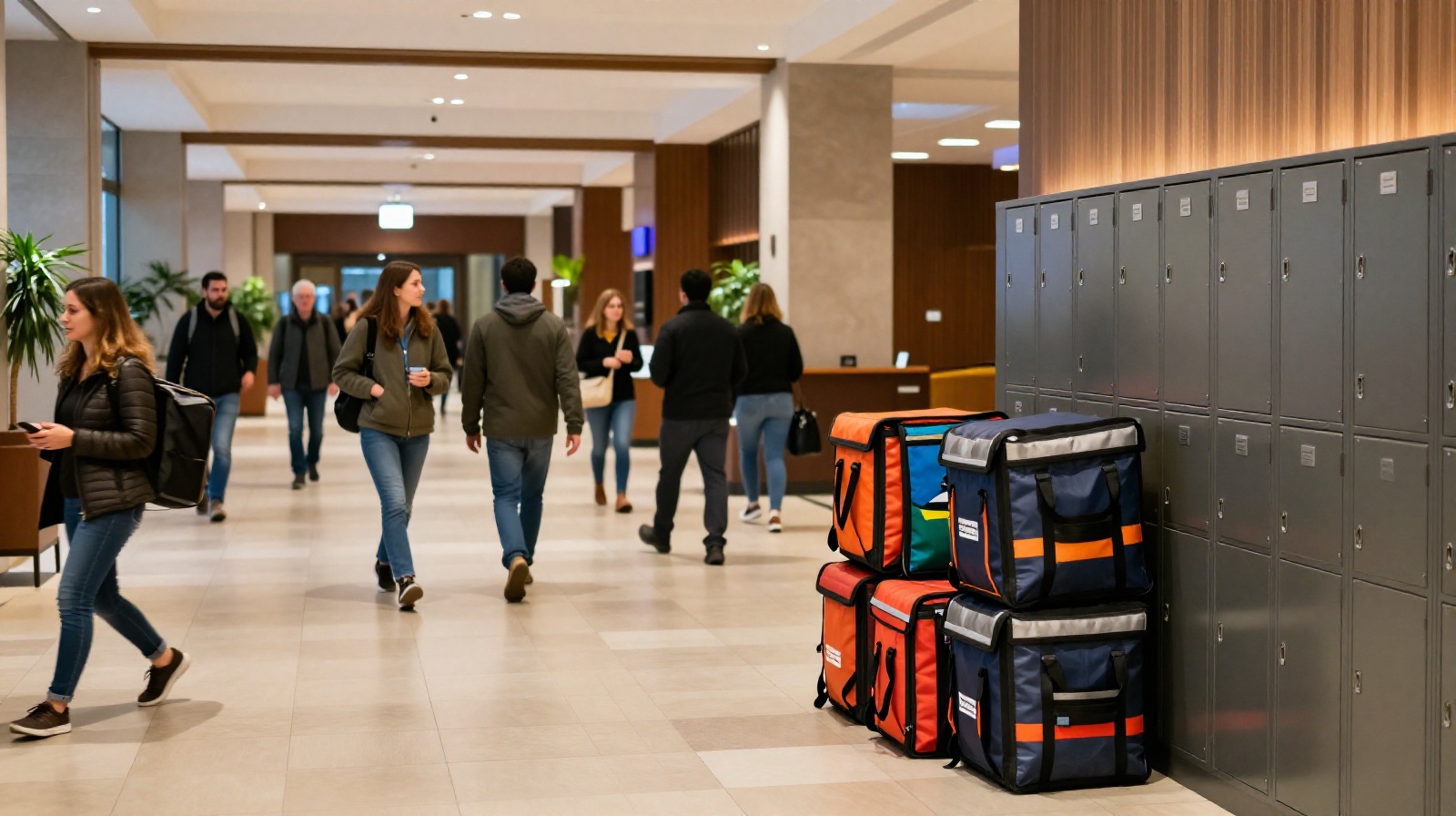 Busy hotel lobby showing the integration of delivery services into daily life