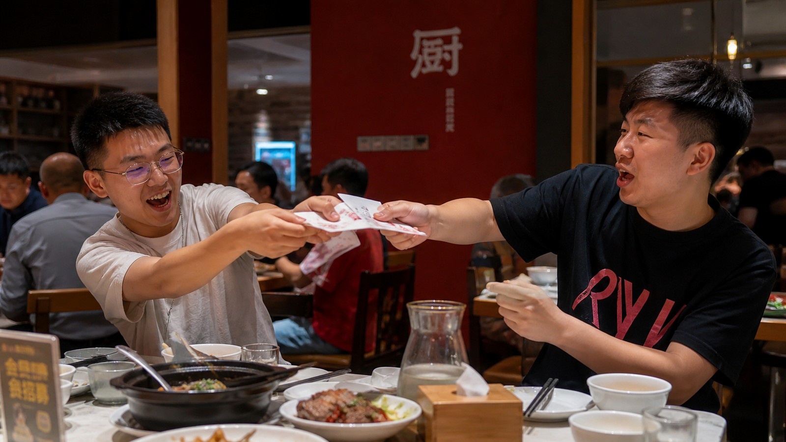 Young Chinese friends engaging in the traditional social ritual of fighting to pay the restaurant bill.