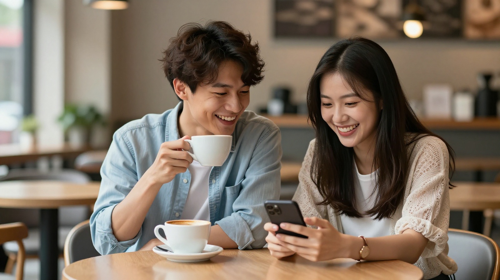 Modern Chinese dating etiquette: a relaxed moment between two young people sharing a bill or treating each other.