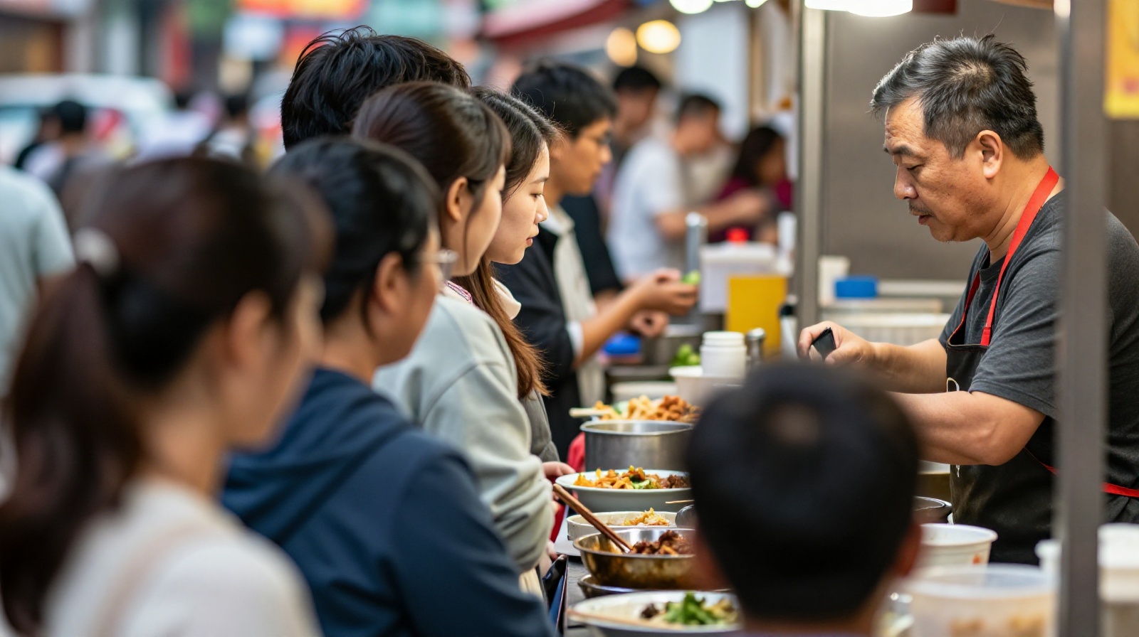 A crowded street food stall in China with customers waiting in line, demonstrating high turnover and popularity.