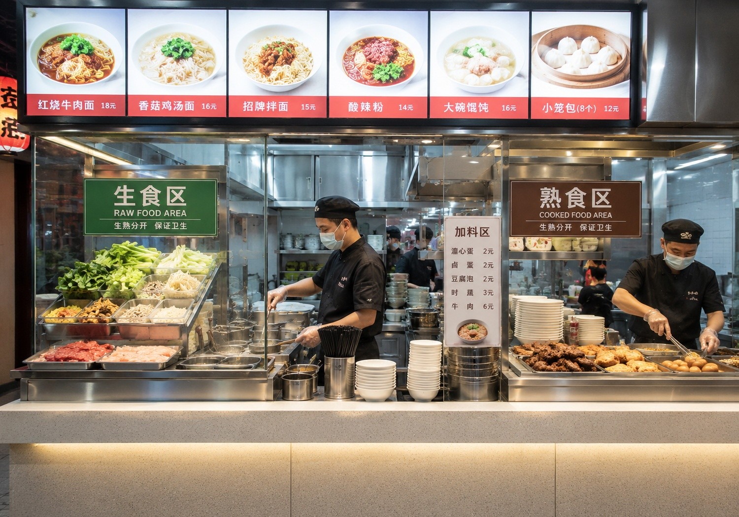 A clean and organized street food stall with separate areas for raw and cooked ingredients.