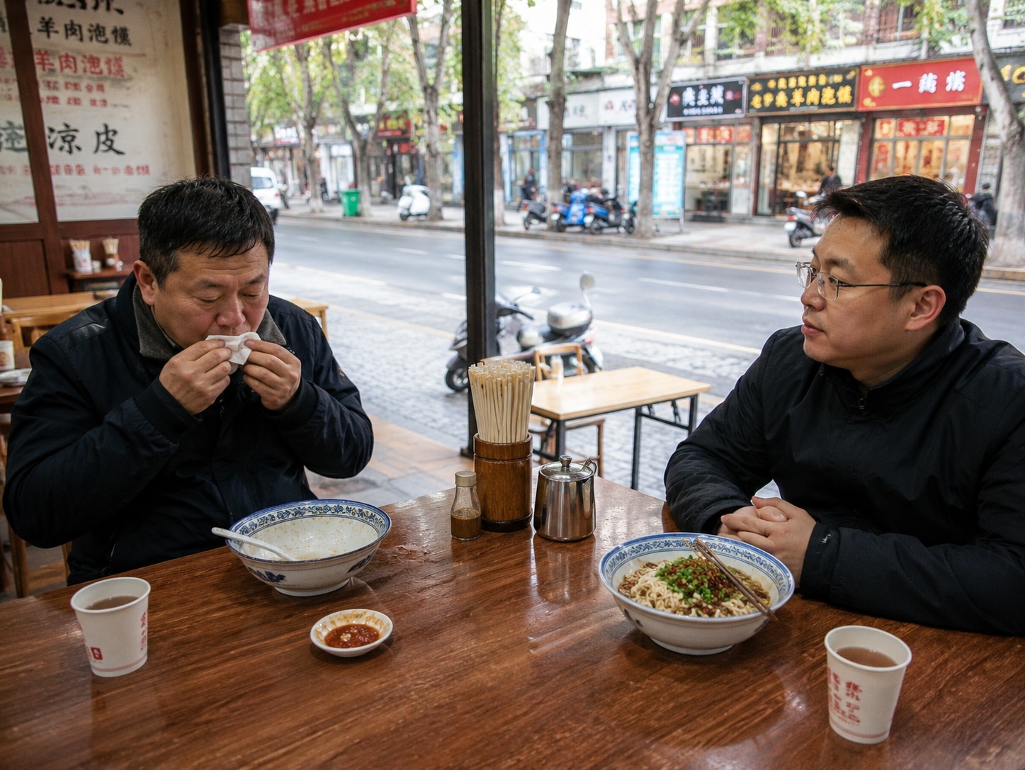 Strangers sharing a table in a crowded Chinese noodle house, demonstrating polite dining etiquette.