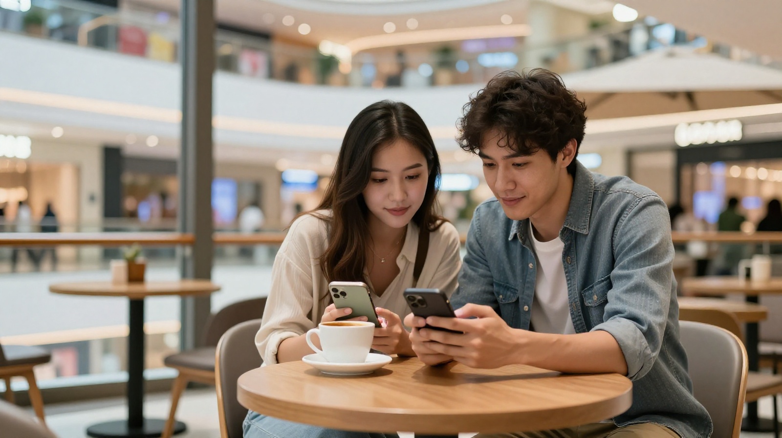 Tourists or locals relaxing in a mall cafe while using virtual queue apps on their smartphones