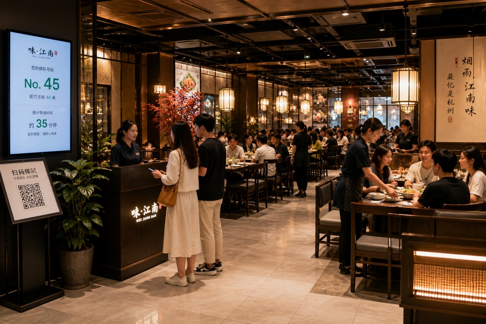 Busy Chinese restaurant interior showing efficient table turnover and organized seating without physical queues