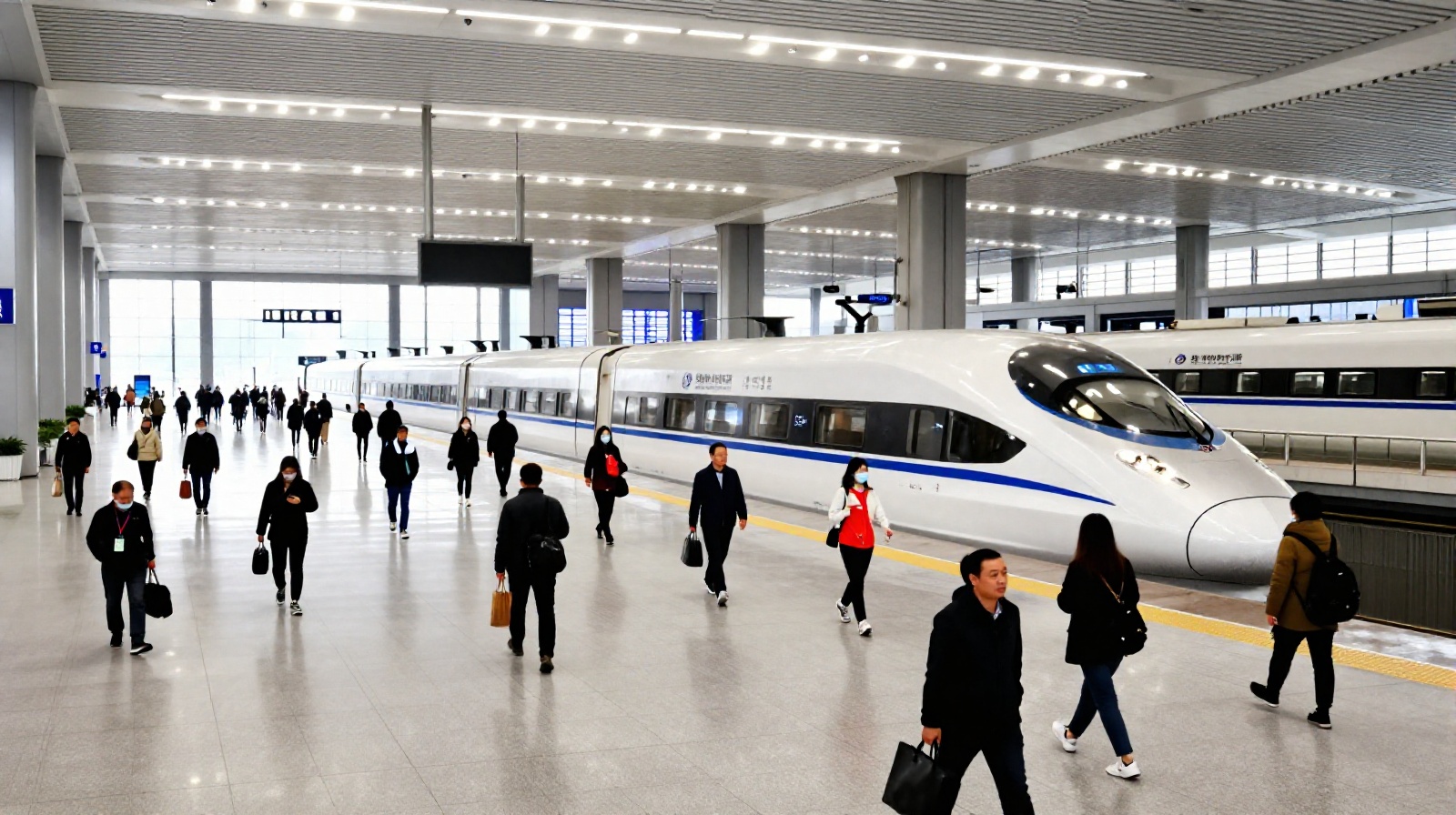 Modern Chinese high-speed railway station interior showing orderly passenger flow and digital integration