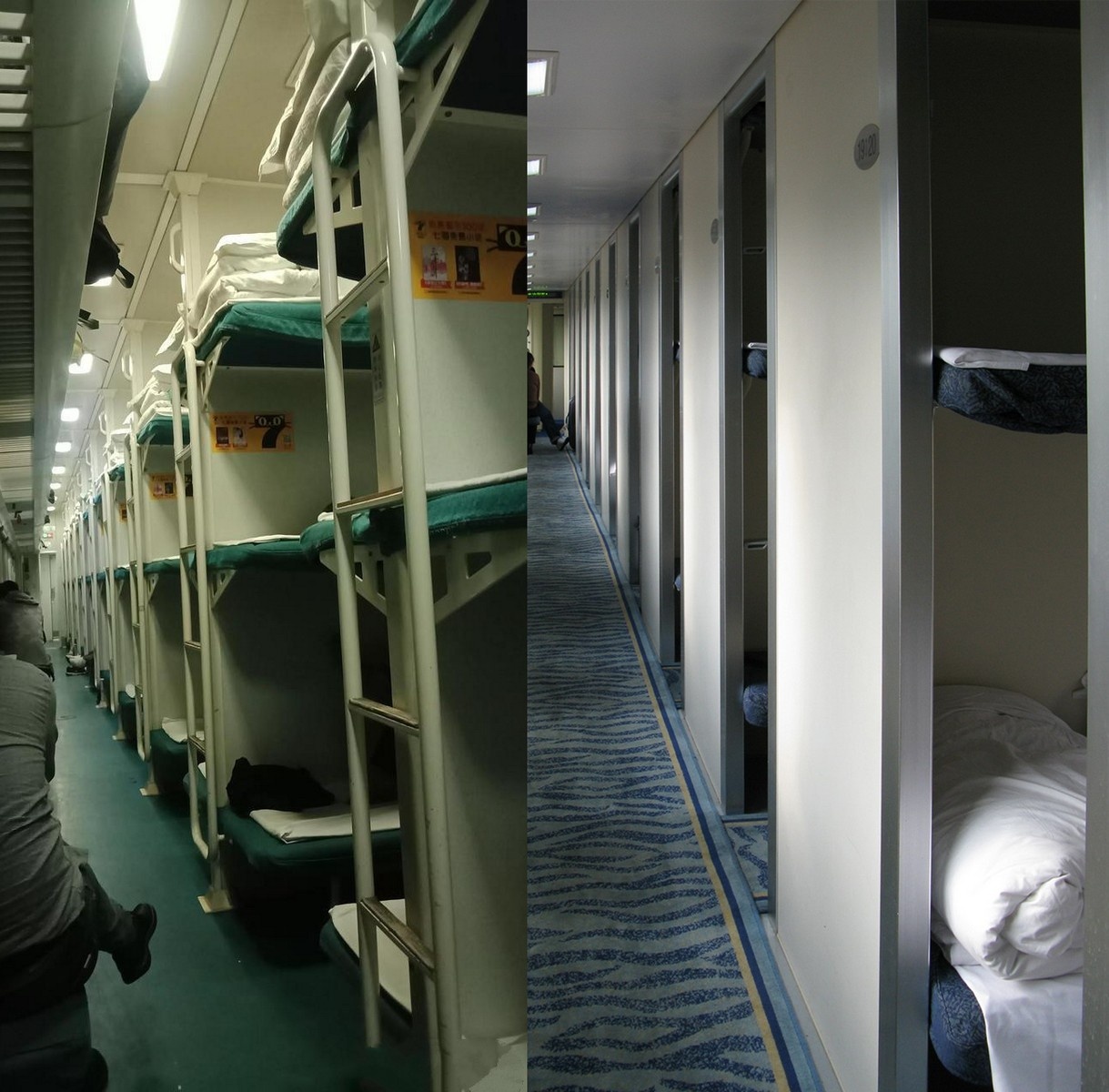 Interior view of a Chinese hard sleeper train carriage showing open-air bunk beds and passengers relaxing at night.
