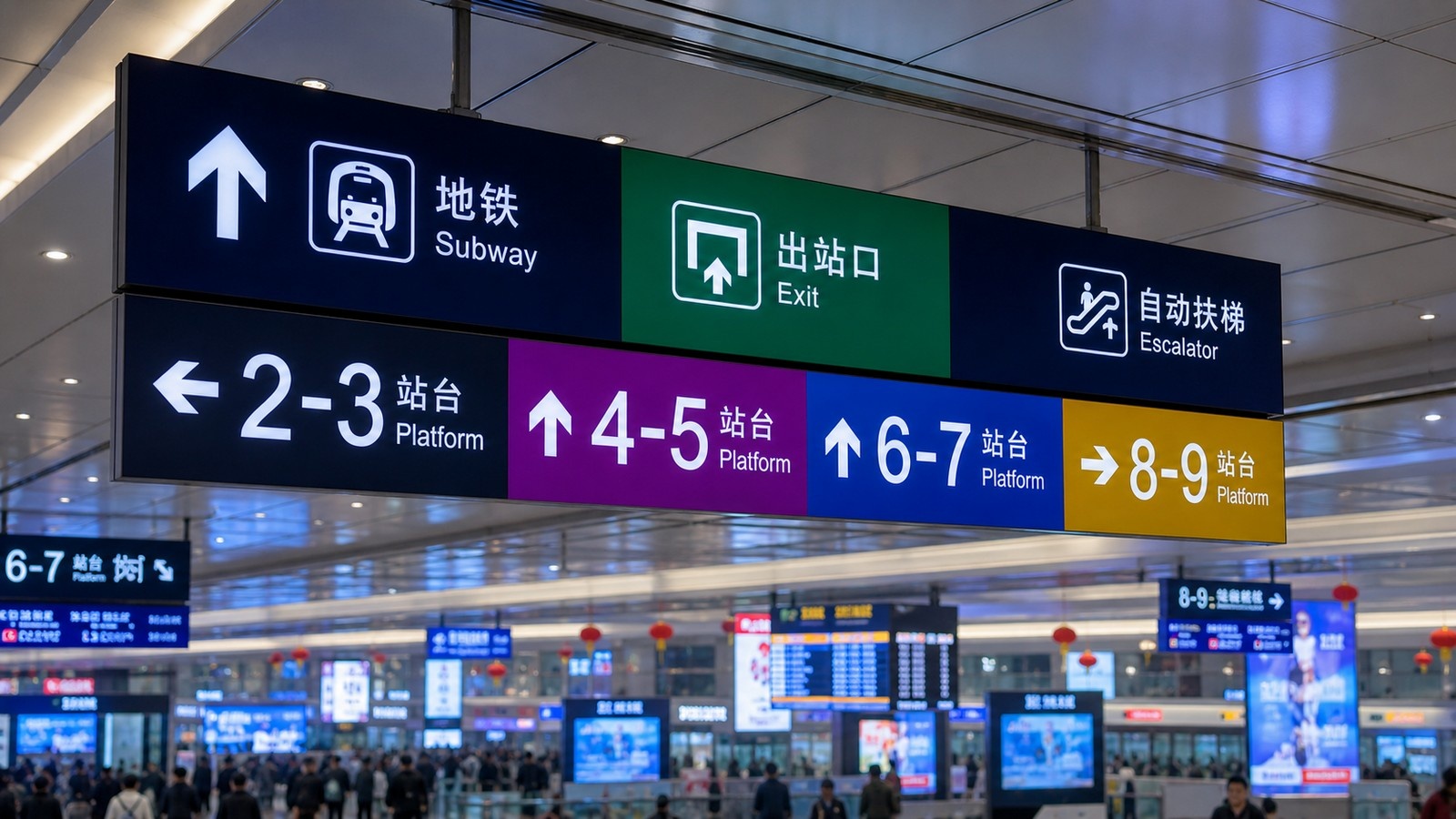 Colorful digital signs directing passengers to different platforms inside a modern Chinese high-speed rail station.