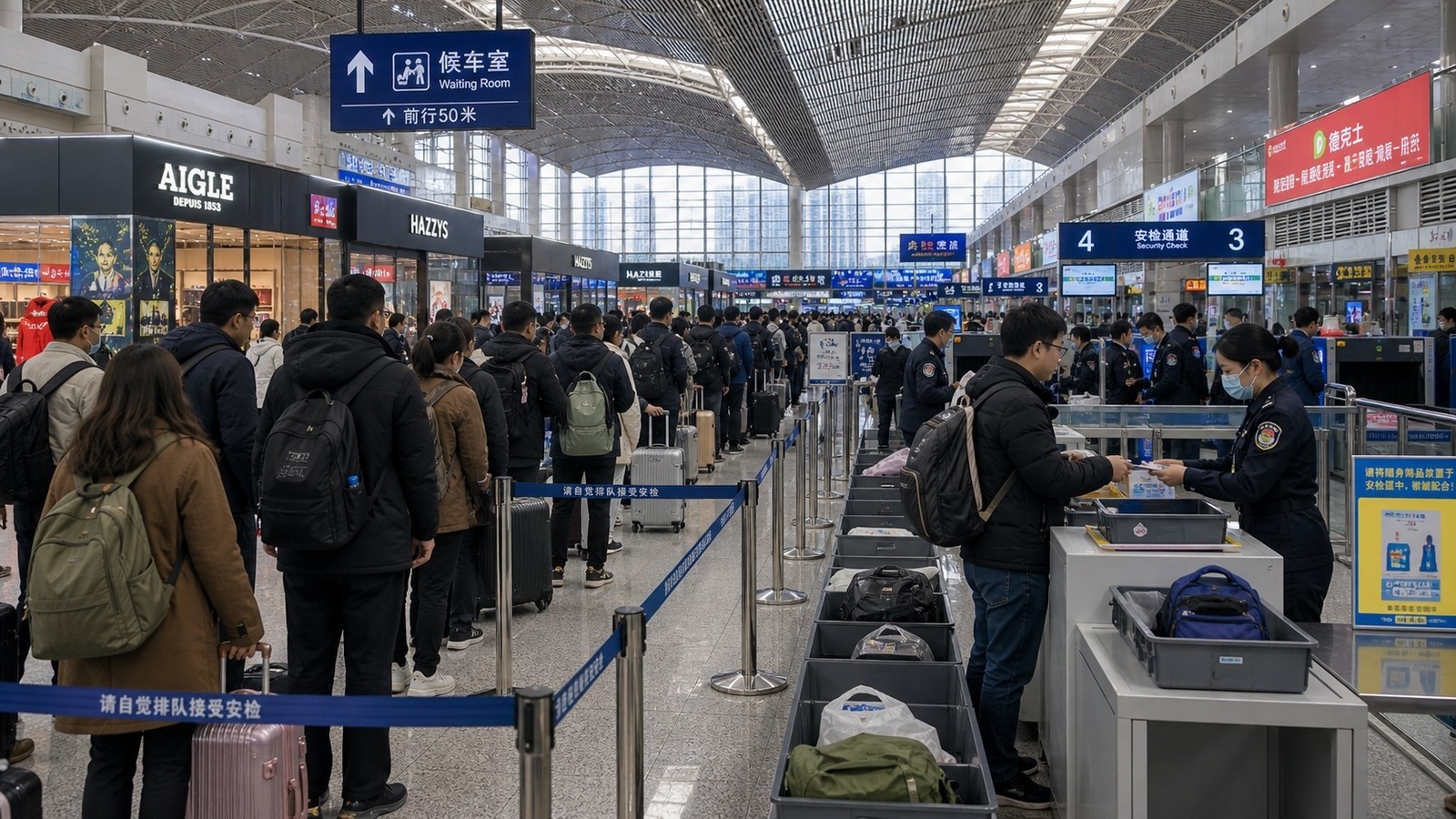 Travelers passing through security checks with luggage scanners at a major Chinese railway hub.