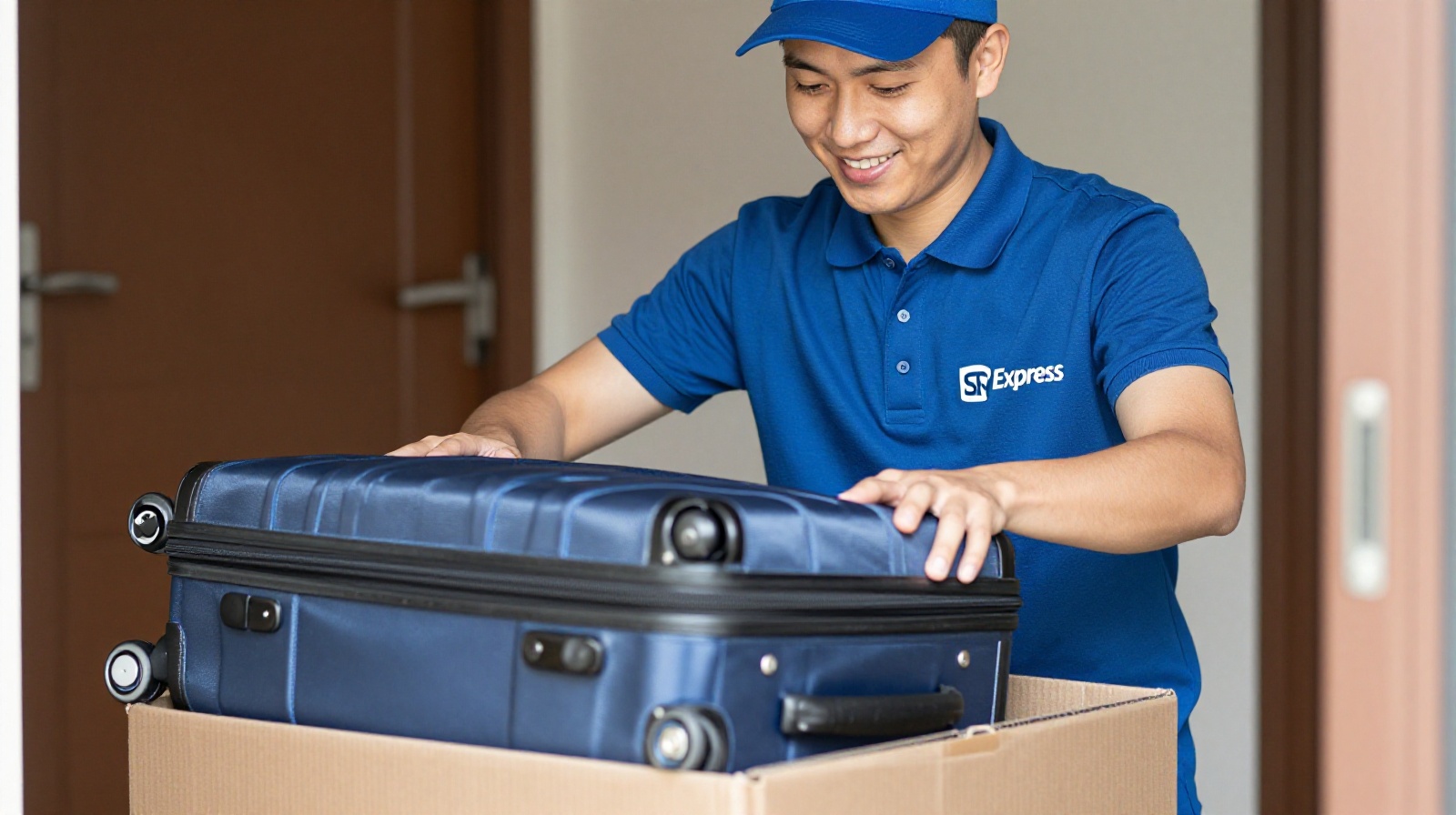 A courier from SF Express packaging a traveler's luggage for shipping ahead to their next hotel destination in China.