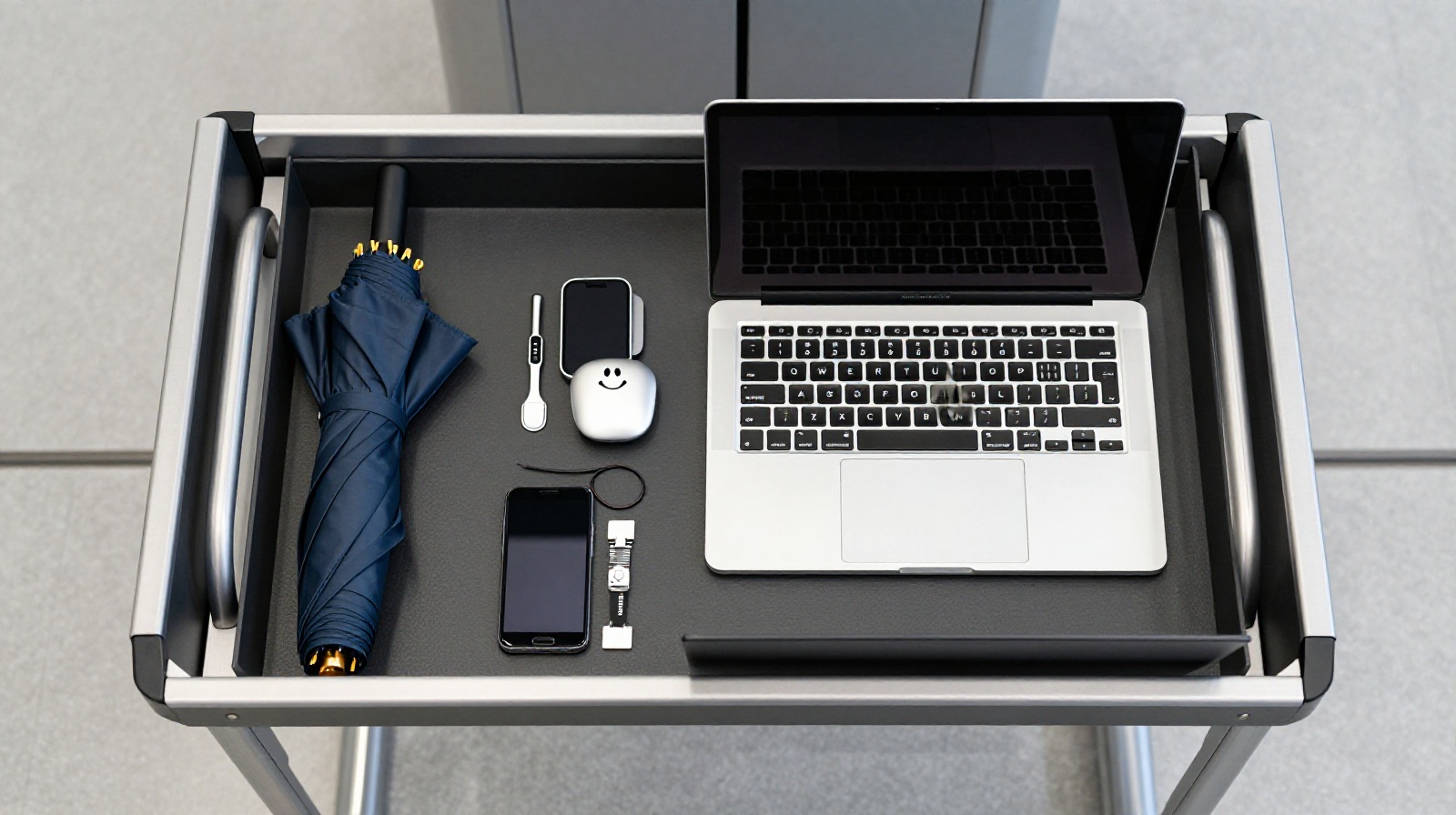 Tray with separated umbrella and electronics at airport security in China