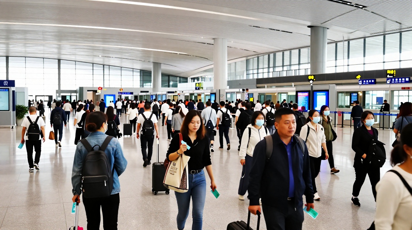 Passengers preparing for security check at a modern Chinese airport terminal