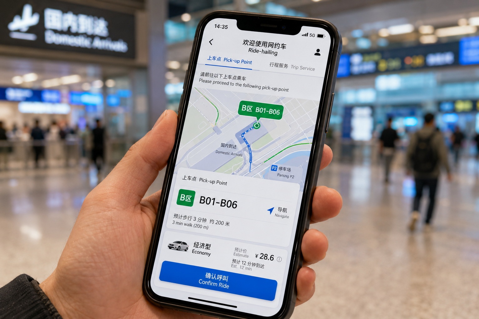 A traveler checking their phone for the Didi Chuxing app to find the correct e-hailing pick-up zone code at the airport.