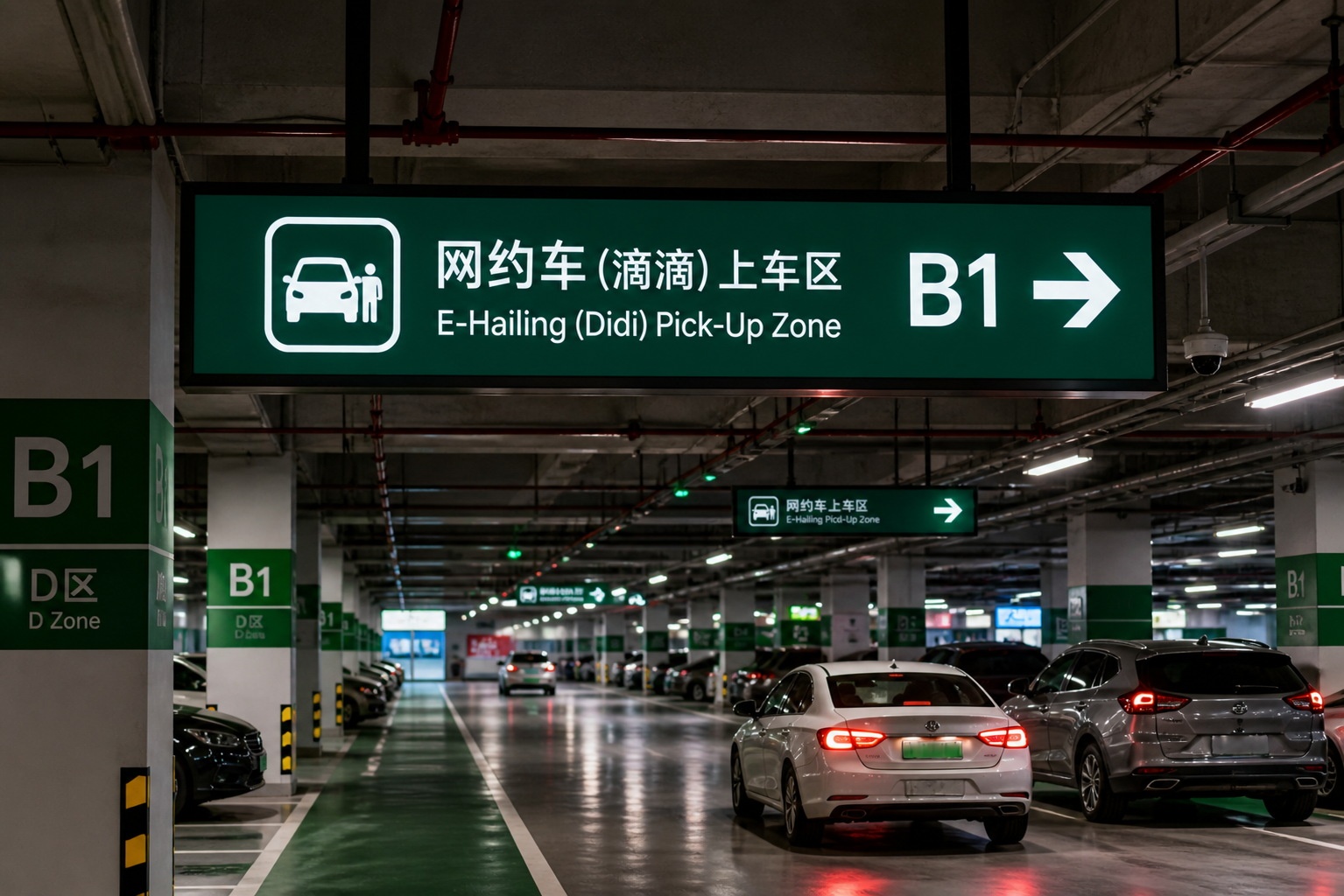Green signage directing passengers to the e-hailing pick-up zones in a Chinese airport parking structure.