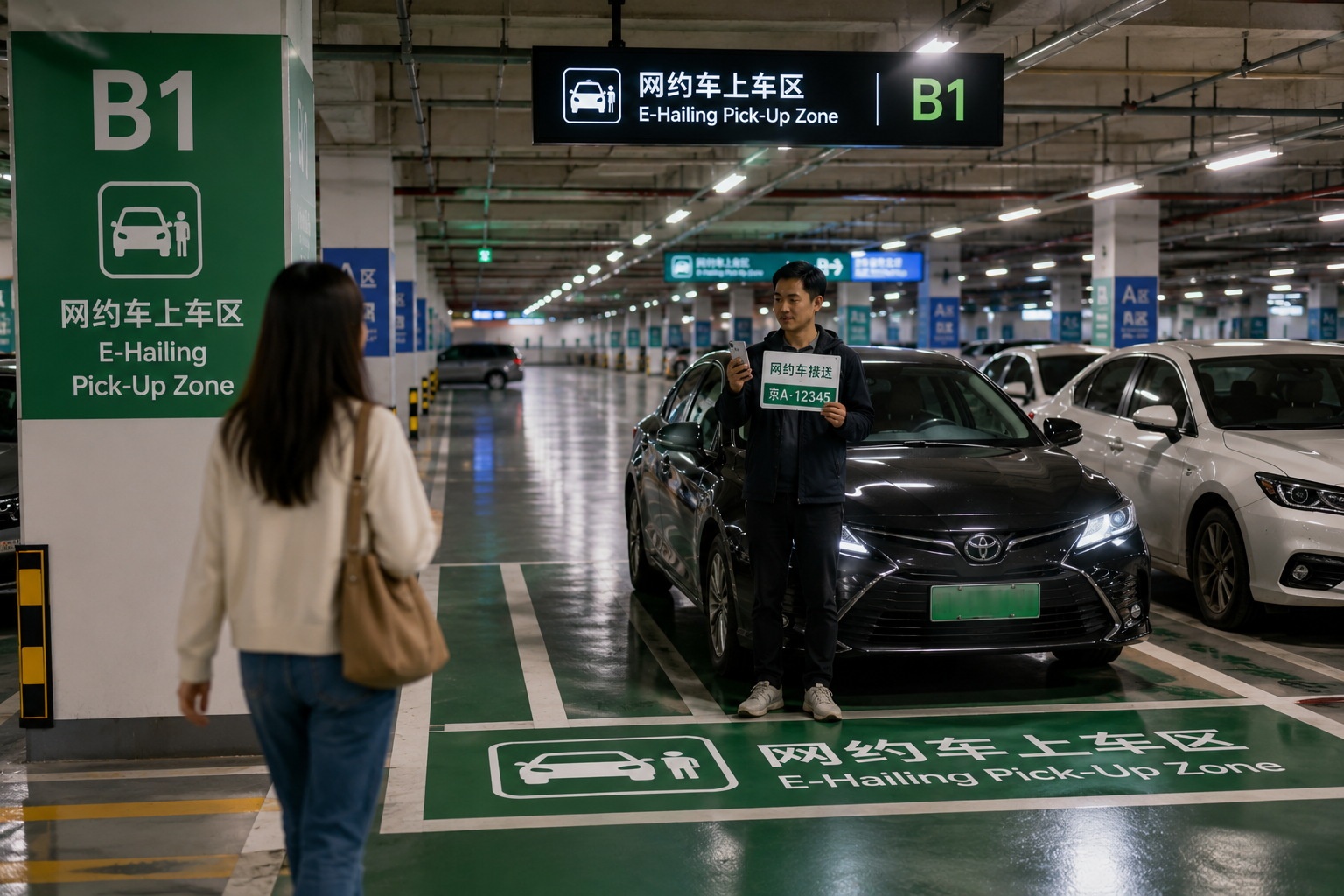 A ride-hailing driver waiting for a passenger in a designated zone inside an airport parking garage.