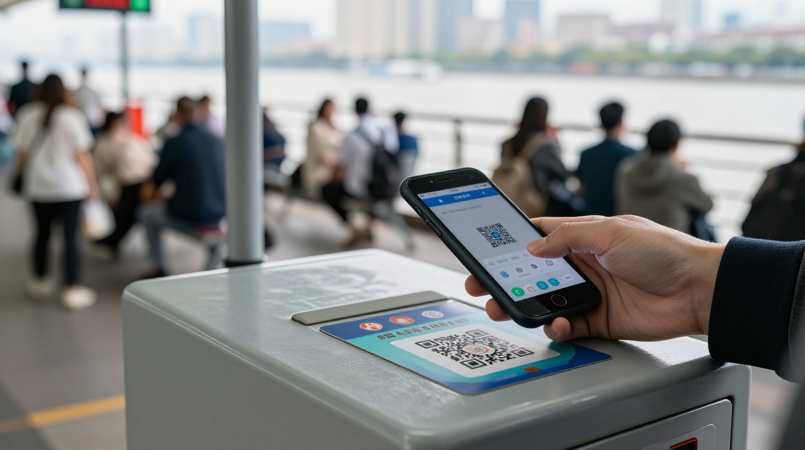 A commuter using WeChat Pay to tap a card reader for a city ferry ticket