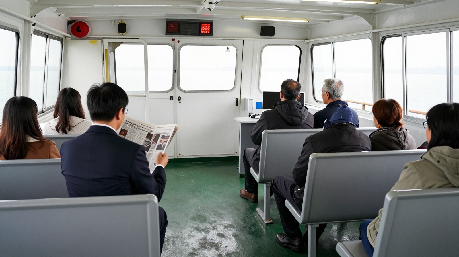 Local commuters relaxing on a city ferry during the morning commute