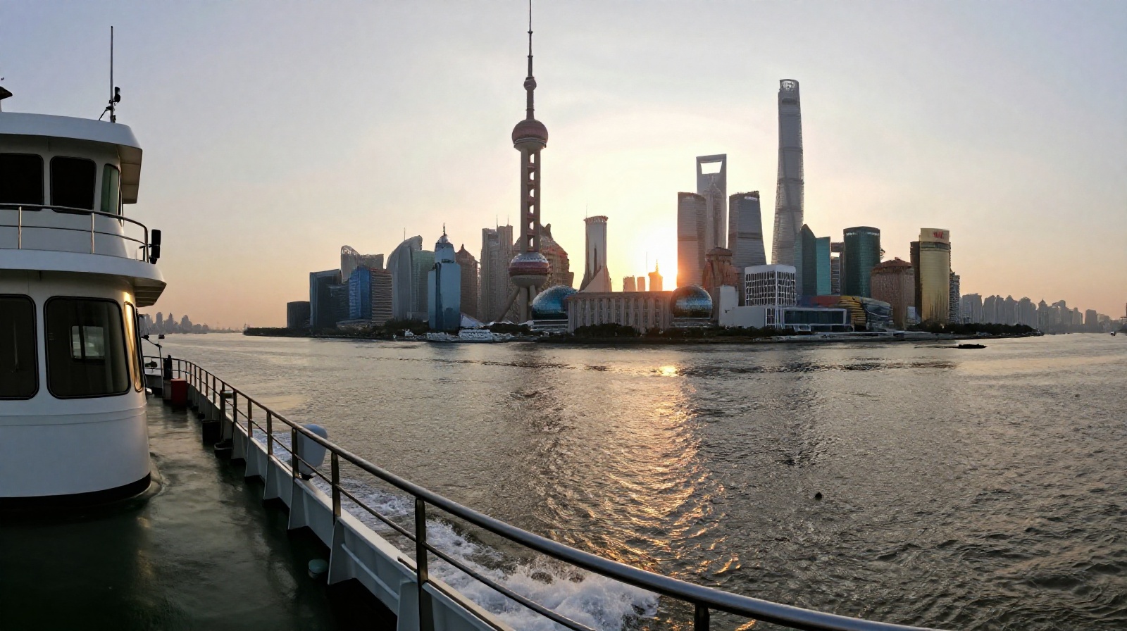 Stunning city skyline view from a commuter ferry crossing the Huangpu River