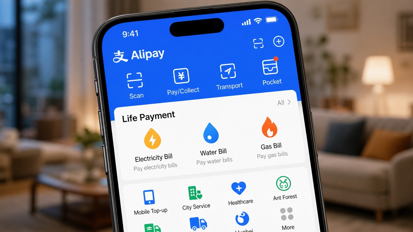 Smartphone screen showing the Alipay Life Payment interface with utility bill icons