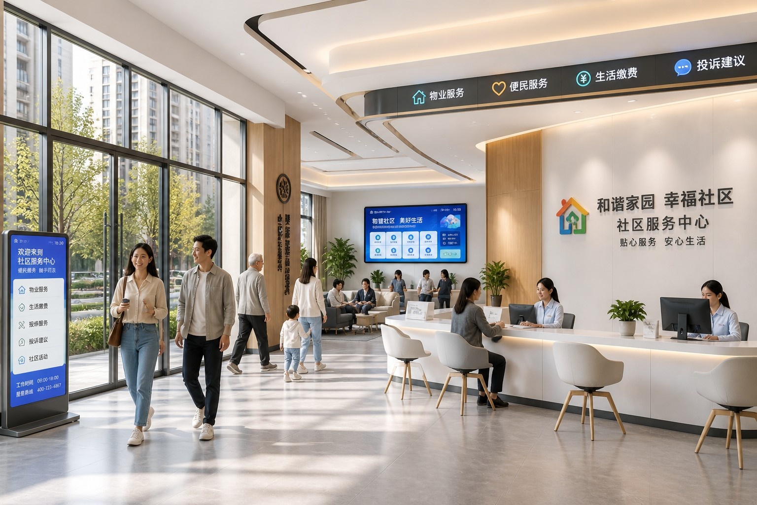 Modern property management office in a Chinese residential community reflecting digital efficiency