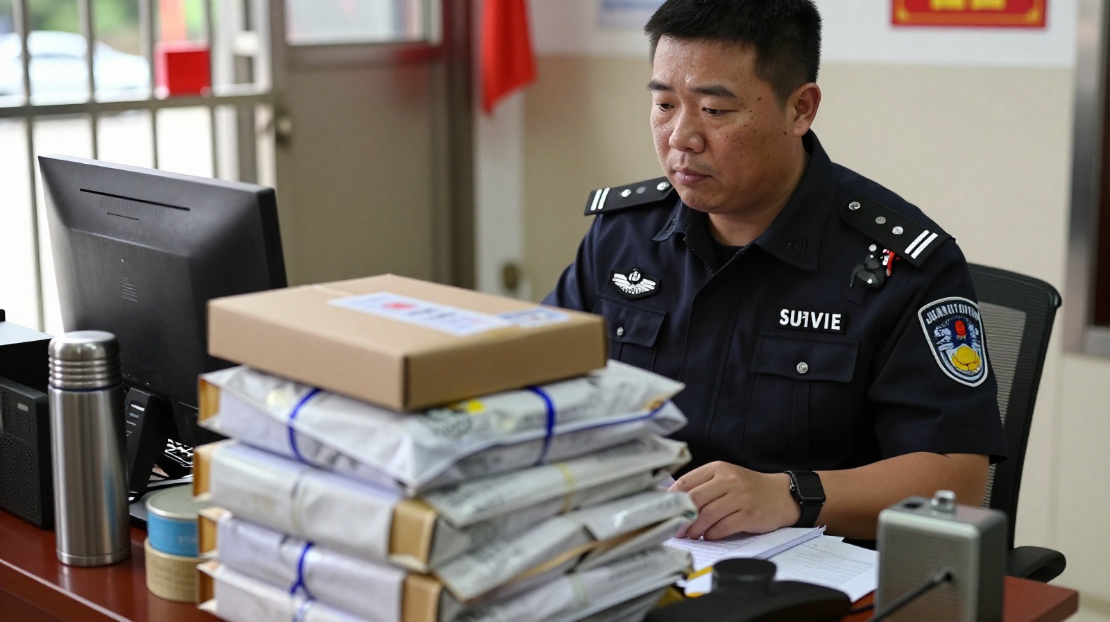 A close-up view of a Chinese security guard's workstation cluttered with sorted delivery packages and daily essentials, showing the busy nature of the job.