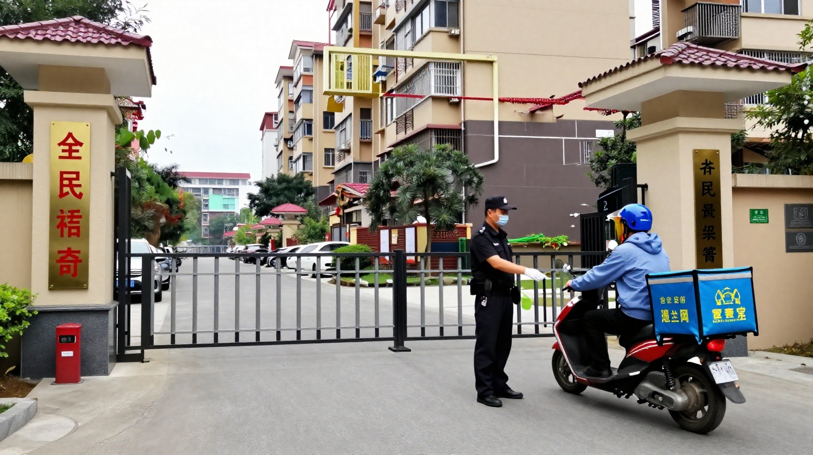 Security guards managing traffic and deliveries at the entrance of a busy Chinese residential compound.