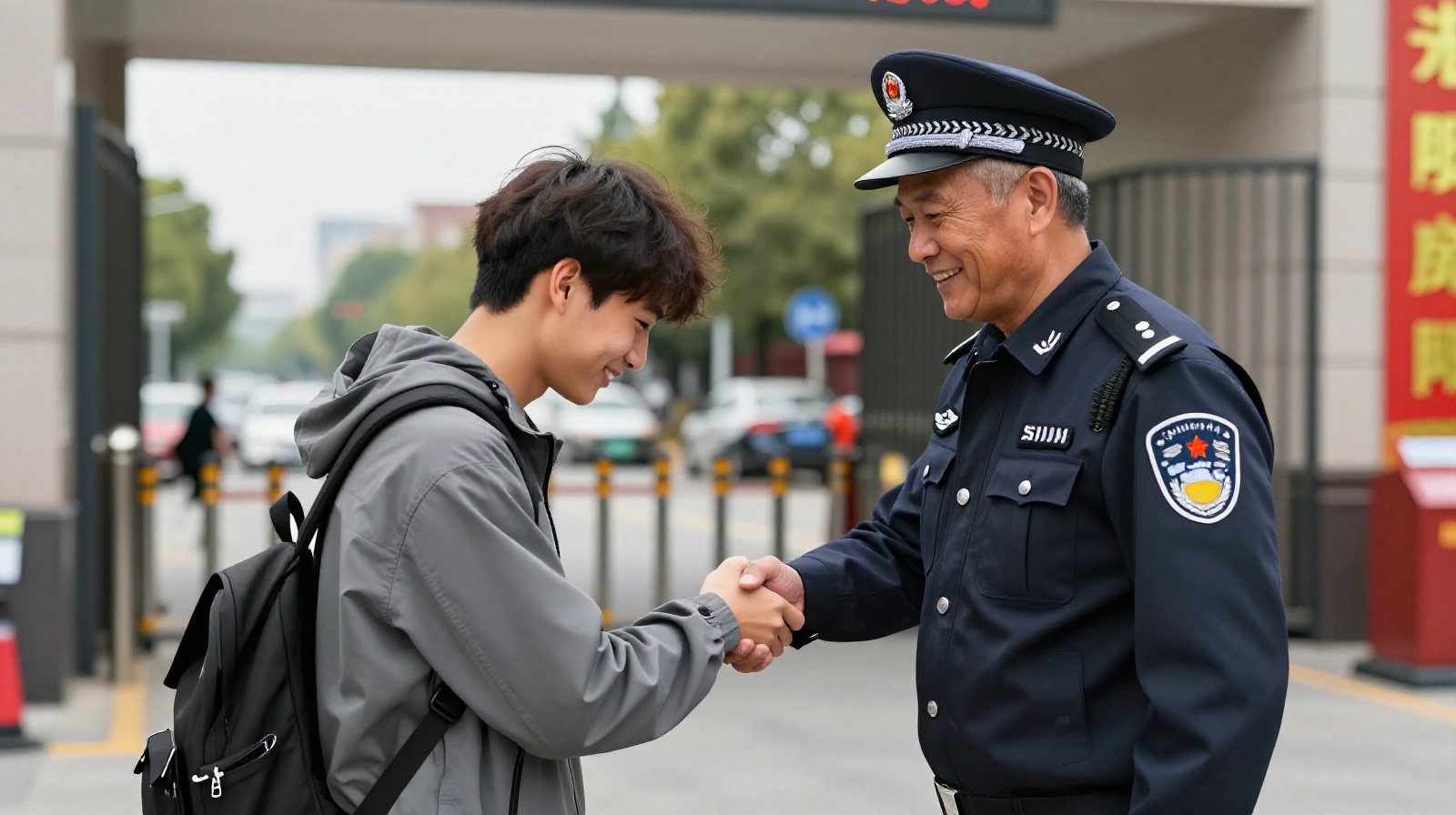 A friendly interaction between a foreign resident and a local security guard, highlighting mutual respect.