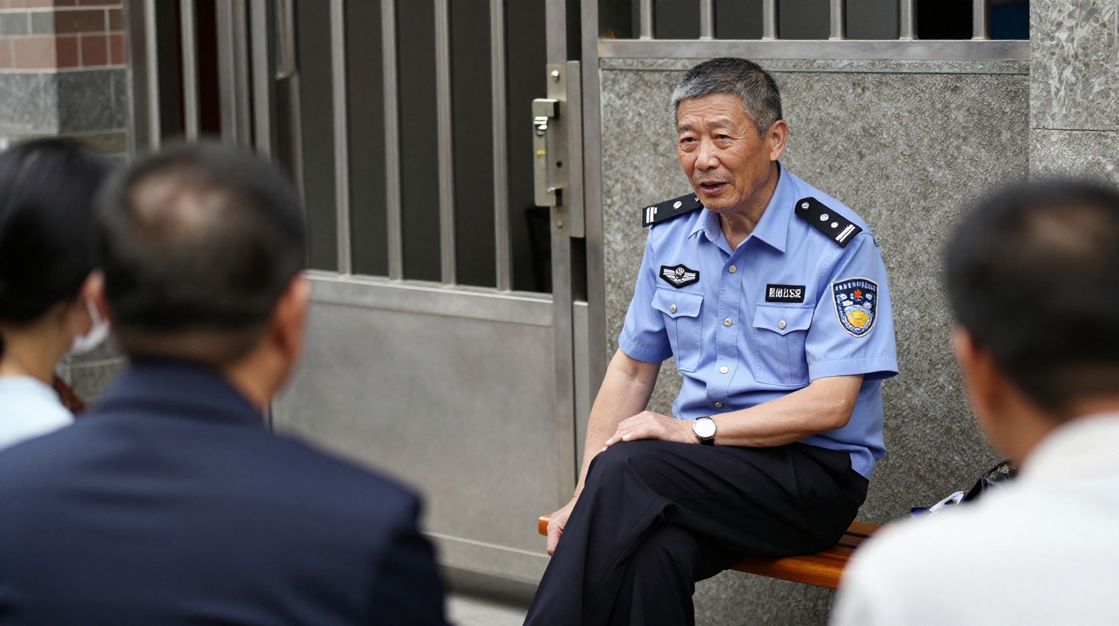 A retired security guard relaxing and chatting with neighbors outside his post, showing community integration.