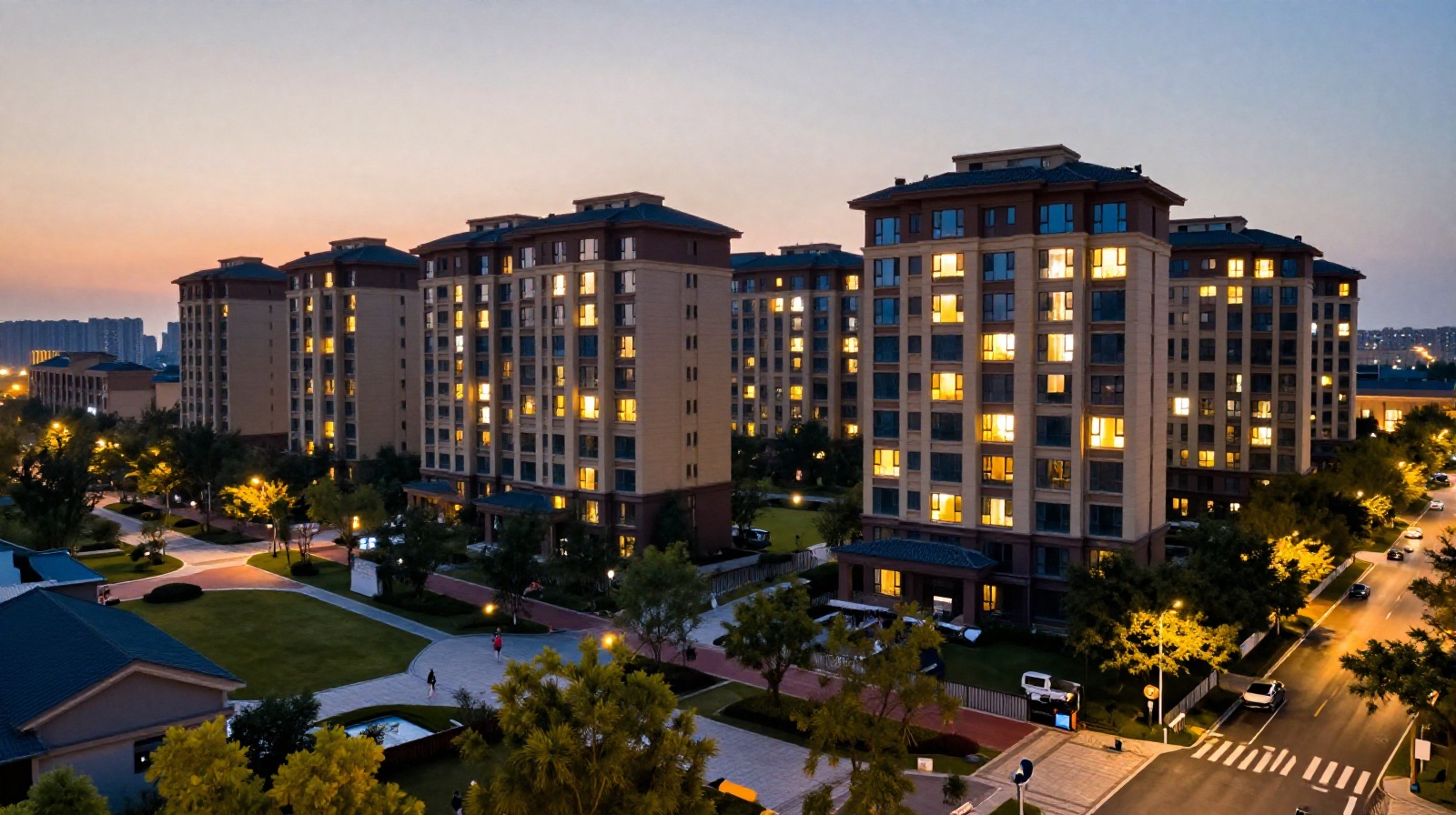 A peaceful evening view of a Chinese residential neighborhood, illustrating the sense of safety and community.
