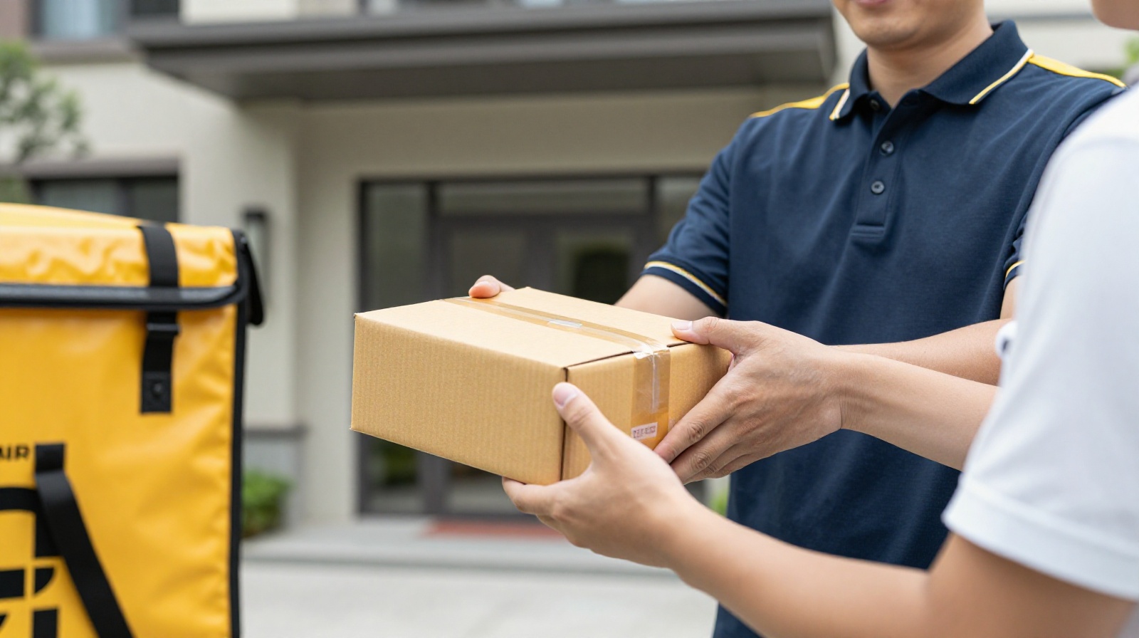 A Shansong courier in yellow uniform delivering a package to a resident at an apartment complex