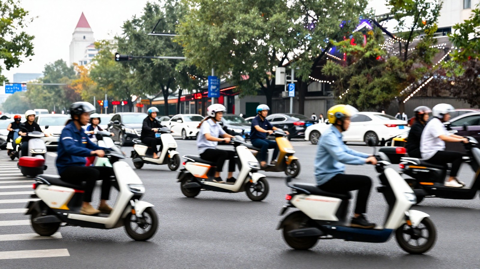 Electric scooter couriers moving through heavy traffic in a major Chinese city