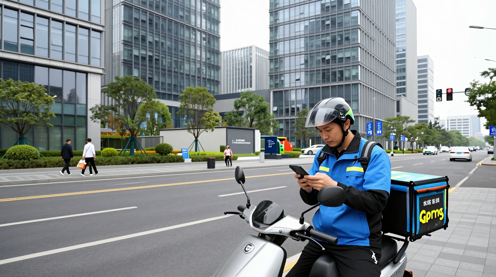 Shansong courier using navigation app in a modern business district