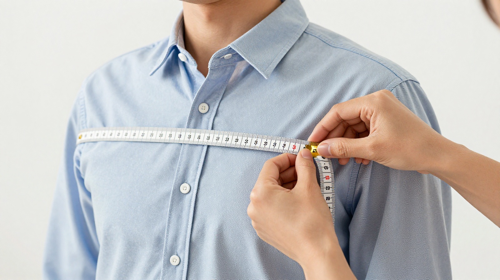 Person using a measuring tape to check their chest and shoulder size for clothing shopping