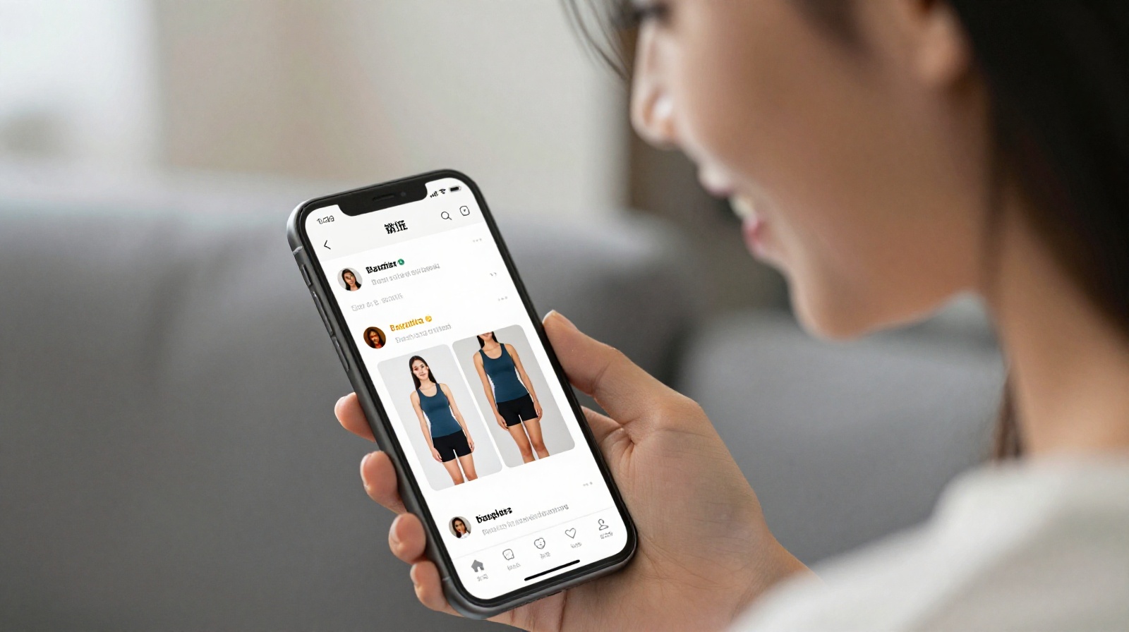 Woman checking buyer reviews and real-life fitting photos on a shopping app