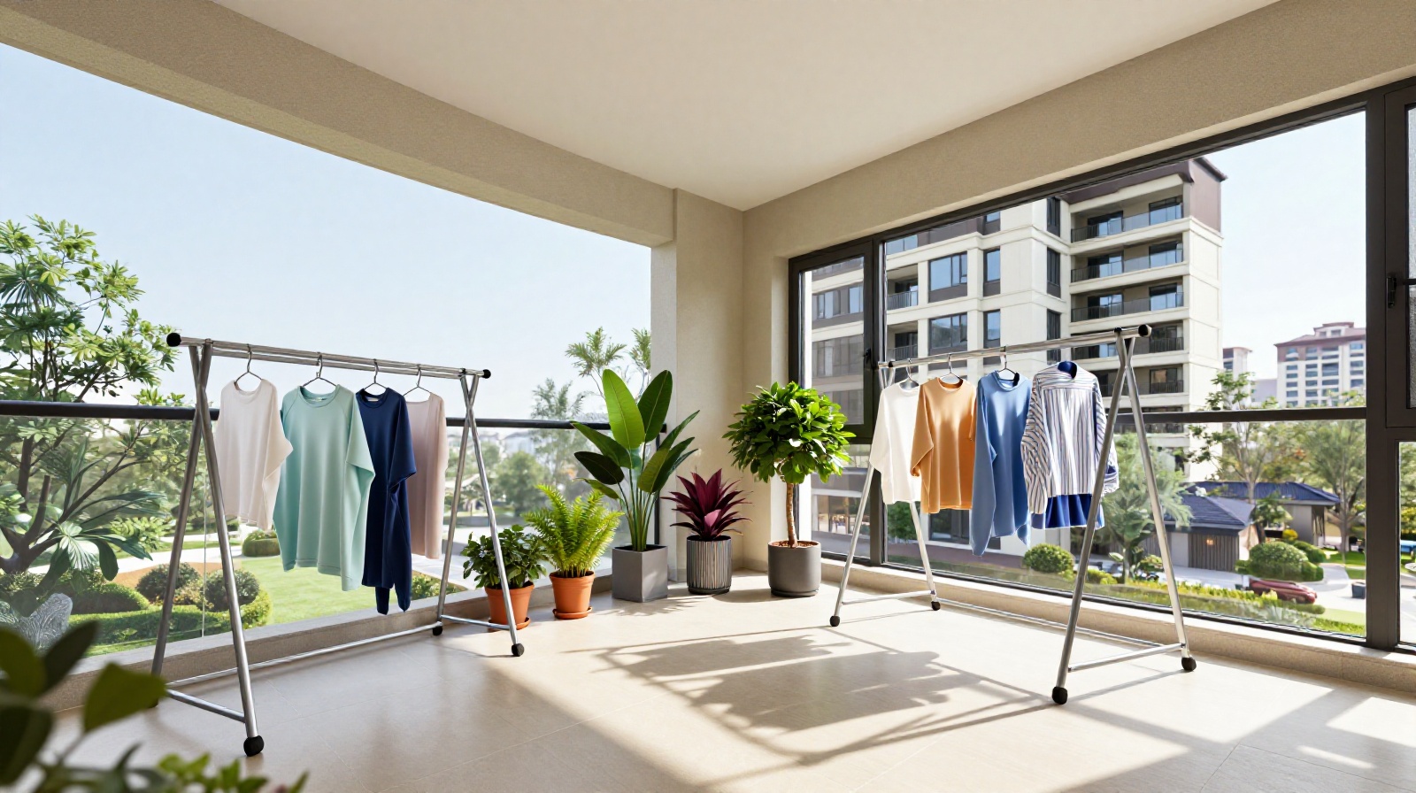 Spacious balcony with ample space for hanging laundry and drying clothes in a modern Chinese home.